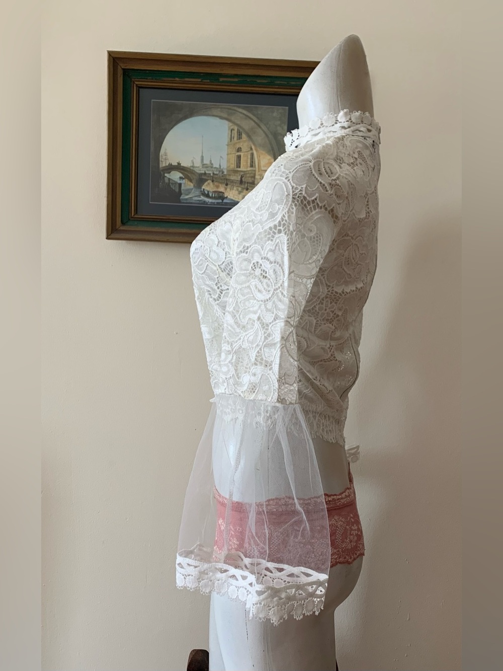 White Lace Sheer Bell Sleeves Crop Top
Blouse - Picture 2 of 14